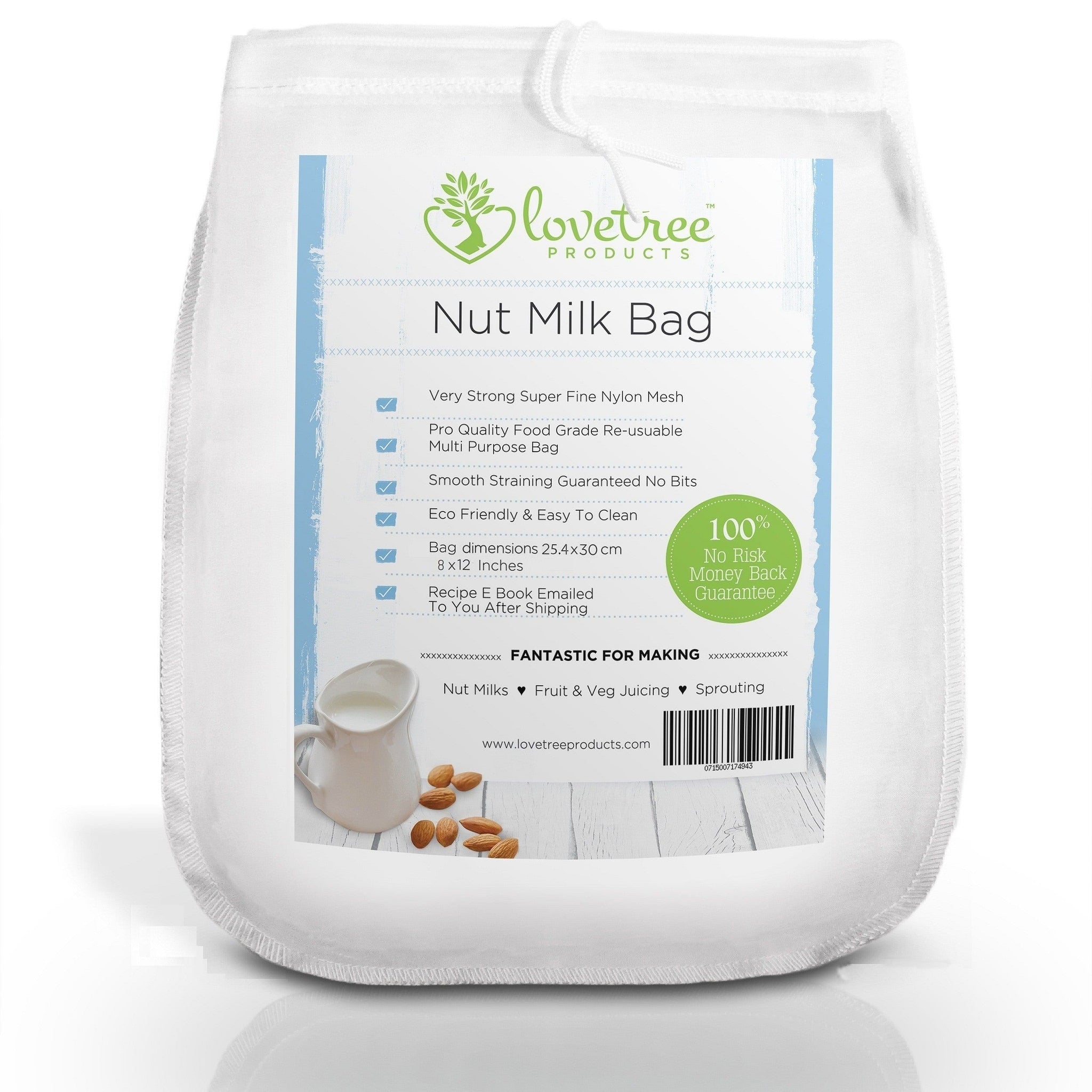 Small Nut Milk Bag - Including Free Recipe E Book - Fine Strong Nylon Mesh Bag